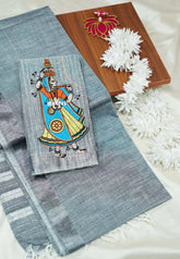 Grey - Fancy Cotton Saree with indian tribal woman embroidery Blouse